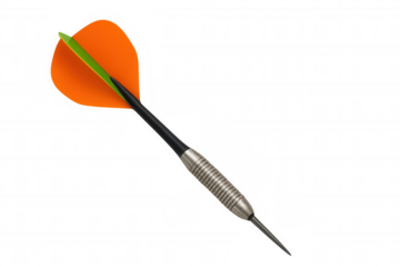 Dart with orange fletching and sharp metal tip for target practice, recreation, and competitive sport on transparent background