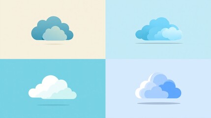 Four vibrant panels each display a stylized, cloud-shaped graphic with varying shades and backgrounds