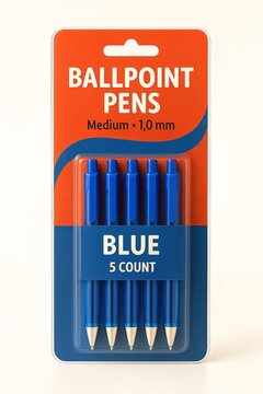 Rendering of Blue Ballpoint Pens Packaging Container Peg Hole PET Blister Template Isolated on White Generative Illustration Fake Product 5 Count