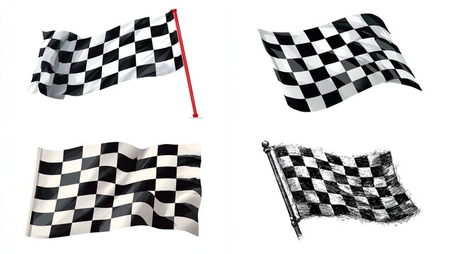 Four varied depictions of checkered flags waving, including one on a pole, conveying motion and completion