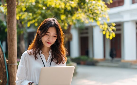 Young Asian college student with a laptop studying outdoors exploring social media and education