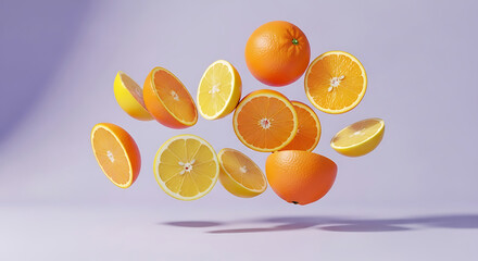 Vibrant citrus fruit medley floating on a purple background.