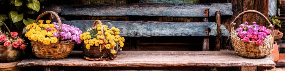 Baskets of colorful flowers on a wooden bench display natural floral composition