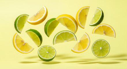 Vibrant Lemon and Lime Slices Floating on a Yellow Background.
