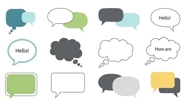 Colorful speech bubbles with various greetings and questions on a light background