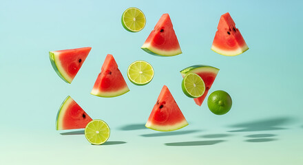 Watermelon and lime slices floating in the air.