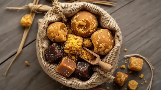 Delicious assortment of jaggery pieces in a rustic burlap sack.