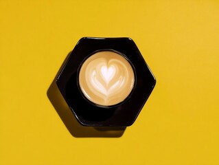 a cup of black coffee with heart-shaped latte art on a bright yellow table.