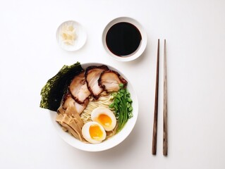 A bowl of Japanese ramen topped with a soft-boiled egg, sliced beef.