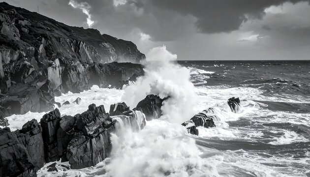 Powerful waves crashing on rocky coastline - Powered by Adobe