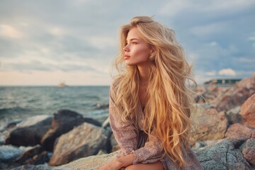 Obraz premium Image of a lovely young woman with long blonde hair on rocks by the ocean Summer theme