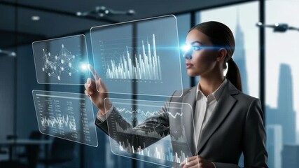 professional woman in suit interacts with multiple translucent holographic screens displaying data analytics bar charts line graphs and network diagrams with blue light from her eyes and city backgrou - Powered by Adobe