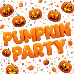 Pumpkin party text with jack o lanterns isolated on transparent background