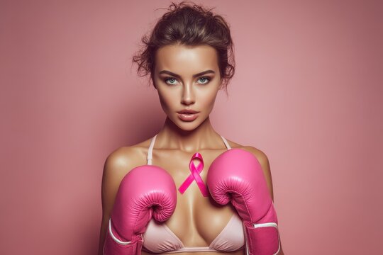 Attractive woman in boxing gloves and a pink ribbon against a colorful backdrop symbolizing breast cancer awareness