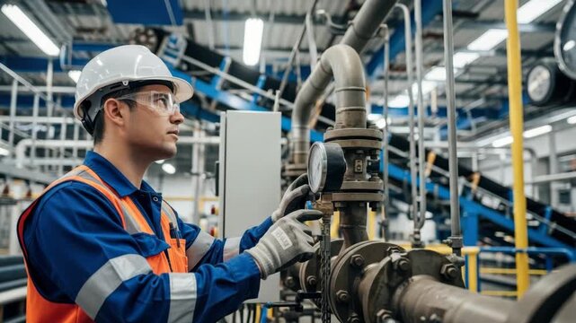 male technician wearing hard hat safety glasses and high-vis vest inspects pressure gauge on industrial pipes Hes working amidst complex machinery and blue conveyor belts