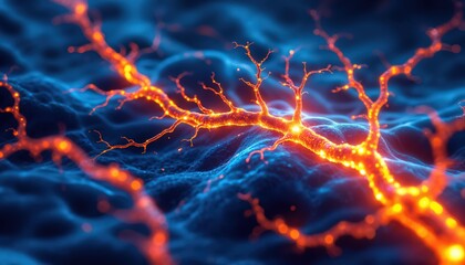 Glowing Neural Network with Bright Orange Neuron Pathways Against a Dark Blue Background
