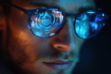 Young man in glasses with a holographic interface showing data a portrait depicting future technology and augmented reality