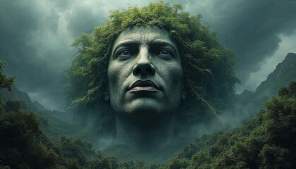 Mystical Face Emerges from Verdant Forest Landscape with Foggy Mountains