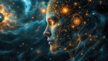 Cosmic Mind Abstract Human Face Interconnected with Nebula and Stars