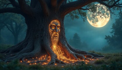 Mystical Ancient Tree Spirit Illuminated by Full Moon in Enchanted Forest