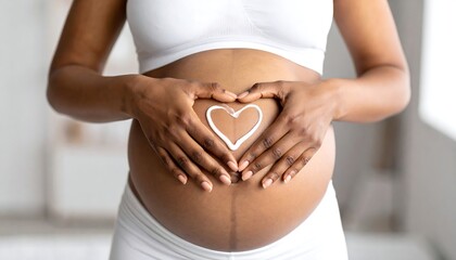 Pregnant woman cradling belly, heart drawn