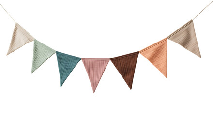 Colorful fabric bunting isolated on transparent background for party decoration