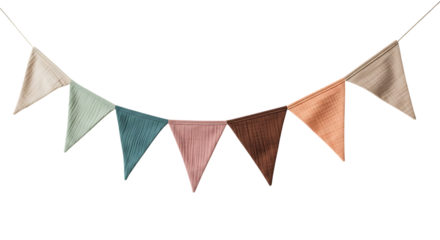 Colorful fabric bunting isolated on transparent background for party decoration