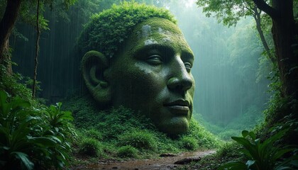 Massive Moss covered Face Emerging from Lush Forest During a Rain Shower