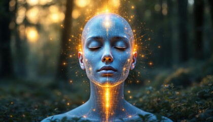 Mystical Portrait of a Bald Person with Energetic Aura in a Forest Setting