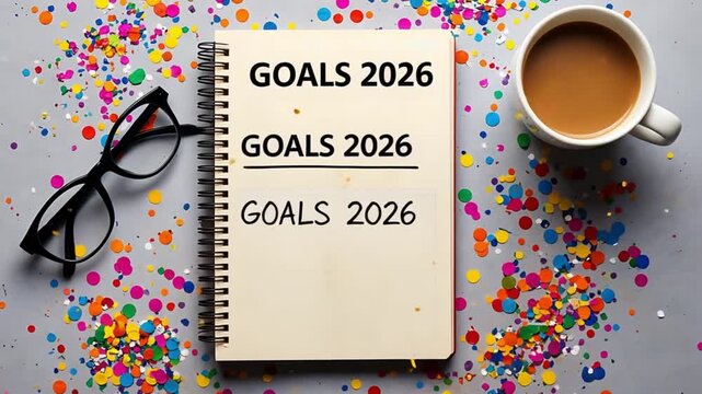 Notebook displaying 'Goals 2026' with numbered list, surrounded by colorful confetti, a cup of coffee, and glasses