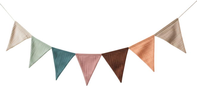 Colorful fabric bunting isolated on transparent background for party decoration