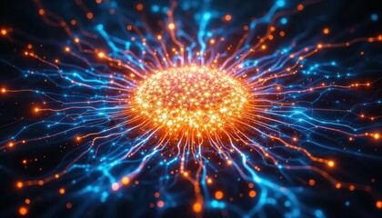 Abstract Neural Network with Glowing Orange Core and Blue Tendrils