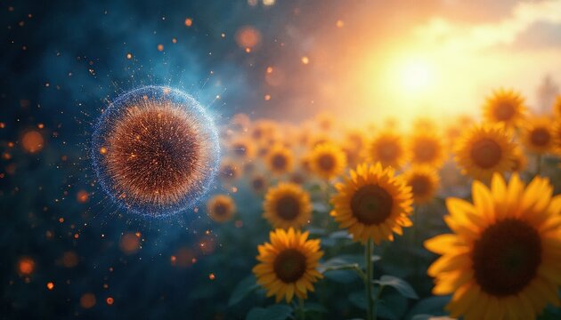 Abstract Digital Sphere Illuminates a Vibrant Sunflower Field at Sunset