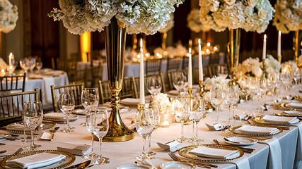 Elegant white table setting prepared for a special wedding reception, featuring floral centerpieces, candles, and golden accents