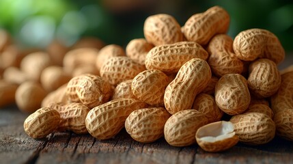 Close-up of a pile of peanuts in their shells on a wooden surface.