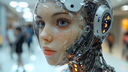 Close-up of a female android's face, showcasing realistic features and transparent robotic components.