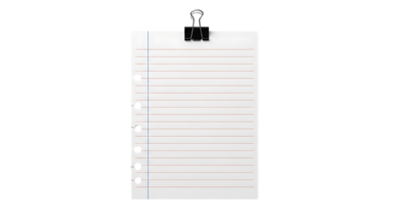 Lined paper sheets with binder clip isolated on transparent background