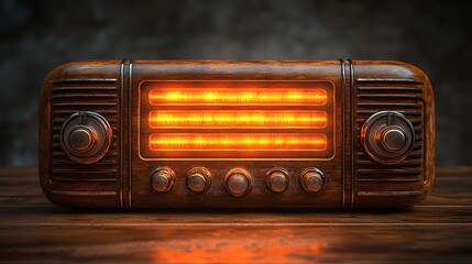 Vintage wooden radio with glowing tubes on wooden surface.