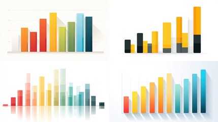 A montage of four graphical charts, each with vertical bars of varying height & color, illustrating data trends