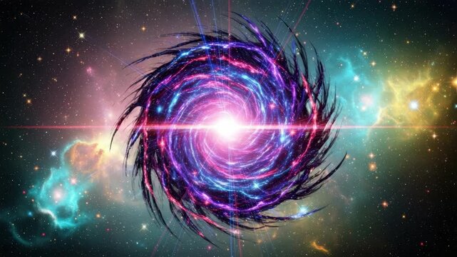 luminous vortex with bright white core and dark feathery spirals of purple pink and blue light piercing starry cosmos with swirling teal and golden nebulae