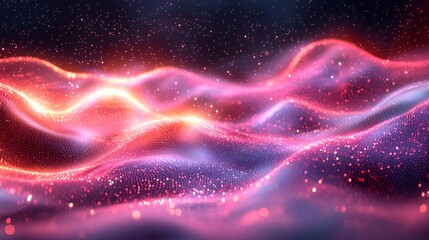 Abstract red and blue glowing wave particles.