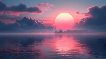 Pink sunset over calm water with mountains and clouds.