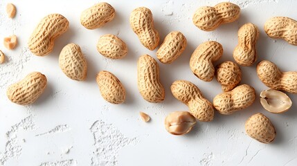 Scattered peanuts in shells on white background.