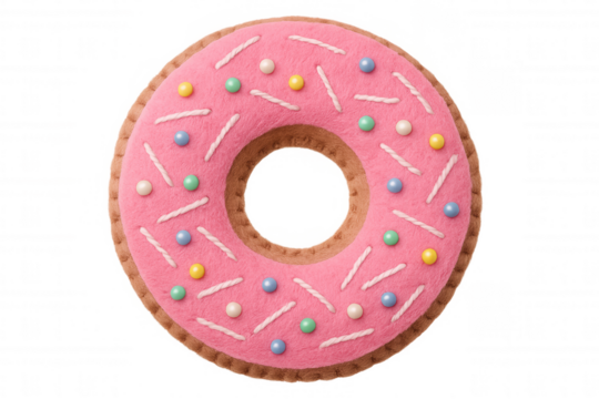 Pink felt donut plush toy with colorful sprinkles, representing childhood fun, sweet treat, and handmade crafts on transparency