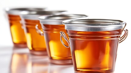 Amber Liquid in Glass Buckets Lined Up on a White Surface, Brightly Lit, Reflections