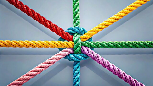 Colorful ropes tied together in strong knot symbolizing teamwork unity and connection
