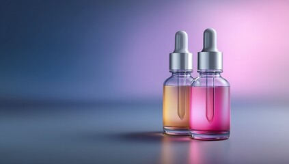 Naklejka premium Two colorful face serum bottles on pastel gradient background with soft light