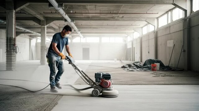 worker in protective gear operates floor grinding machine on dusty concrete floor in large industrial warehouse One side of the floor is polished smooth contrasting the rough unpolished section