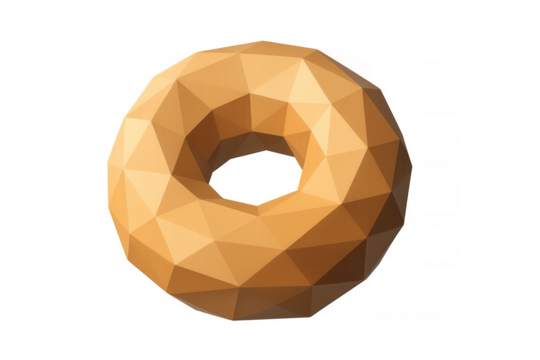 Low poly 3d rendering of a geometric donut shape or torus on transparent background, contemporary digital art
