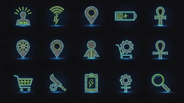 Collection of Neon Icons on Black Background.